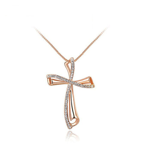 Gold and Silver Rhinestones Cross Pendant Necklace