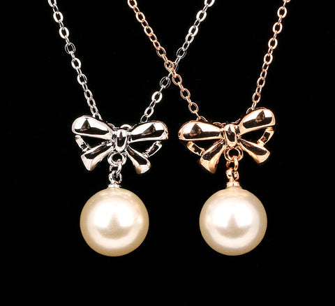 Gold Silver Bowknot and Pearl Pendant Necklace