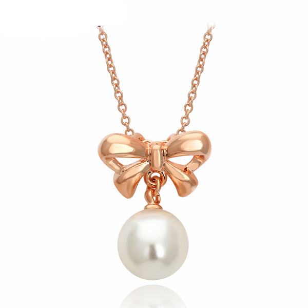 Gold Silver Bowknot and Pearl Pendant Necklace