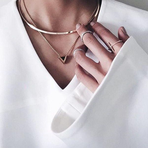 Gold Choker and Black Triangle Pendant Necklace