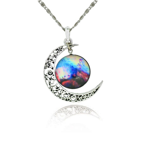 Silver Moon and Glass Galaxy Pendant Necklace