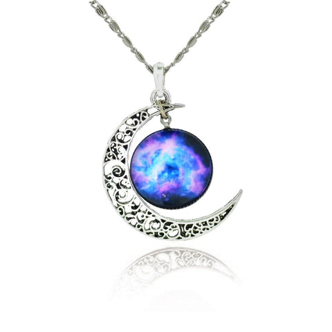 Silver Moon and Glass Galaxy Pendant Necklace