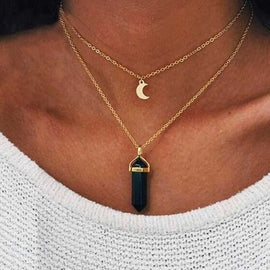 Gold Moon and Quartz Two Layer Pendant Necklace