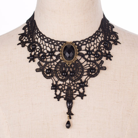 Black Bead and Lace Onyx Crystal Bib Necklace