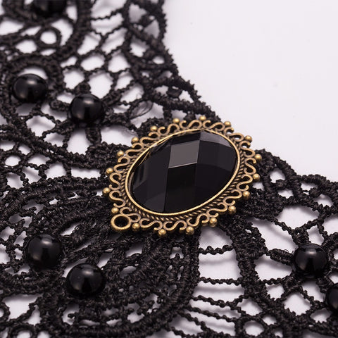 Black Bead and Lace Onyx Crystal Bib Necklace