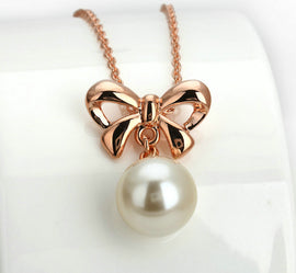 Gold Silver Bowknot and Pearl Pendant Necklace