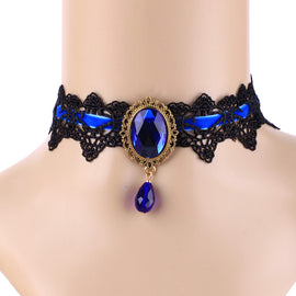 Black Lace and Sapphire Crystal Choker Necklace