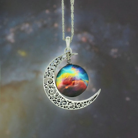 Silver Moon and Glass Galaxy Pendant Necklace