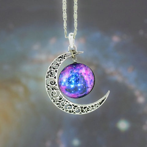 Silver Moon and Glass Galaxy Pendant Necklace