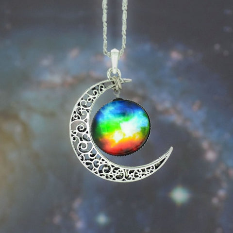 Silver Moon and Glass Galaxy Pendant Necklace