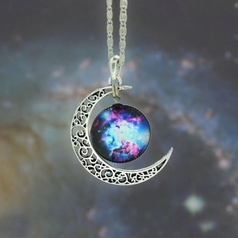 Silver Moon and Glass Galaxy Pendant Necklace