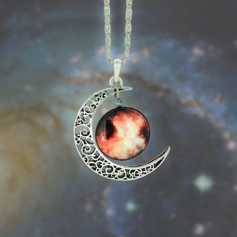 Silver Moon and Glass Galaxy Pendant Necklace