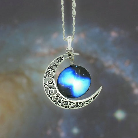 Silver Moon and Glass Galaxy Pendant Necklace