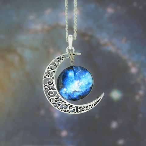 Silver Moon and Glass Galaxy Pendant Necklace