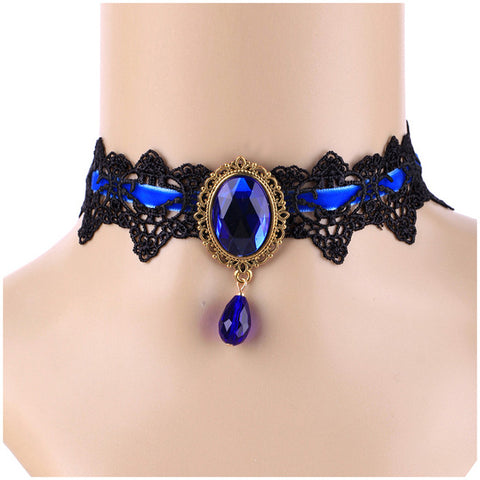 Black Lace and Sapphire Crystal Choker Necklace
