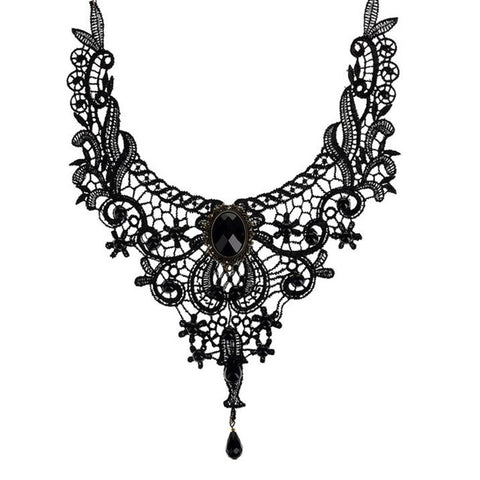 Black Bead and Lace Onyx Crystal Bib Necklace
